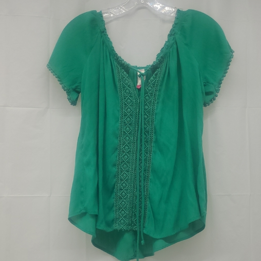 Peasant Blouse Tunic Top Green Lace Trim V Neck Short Sleeve Bohemian